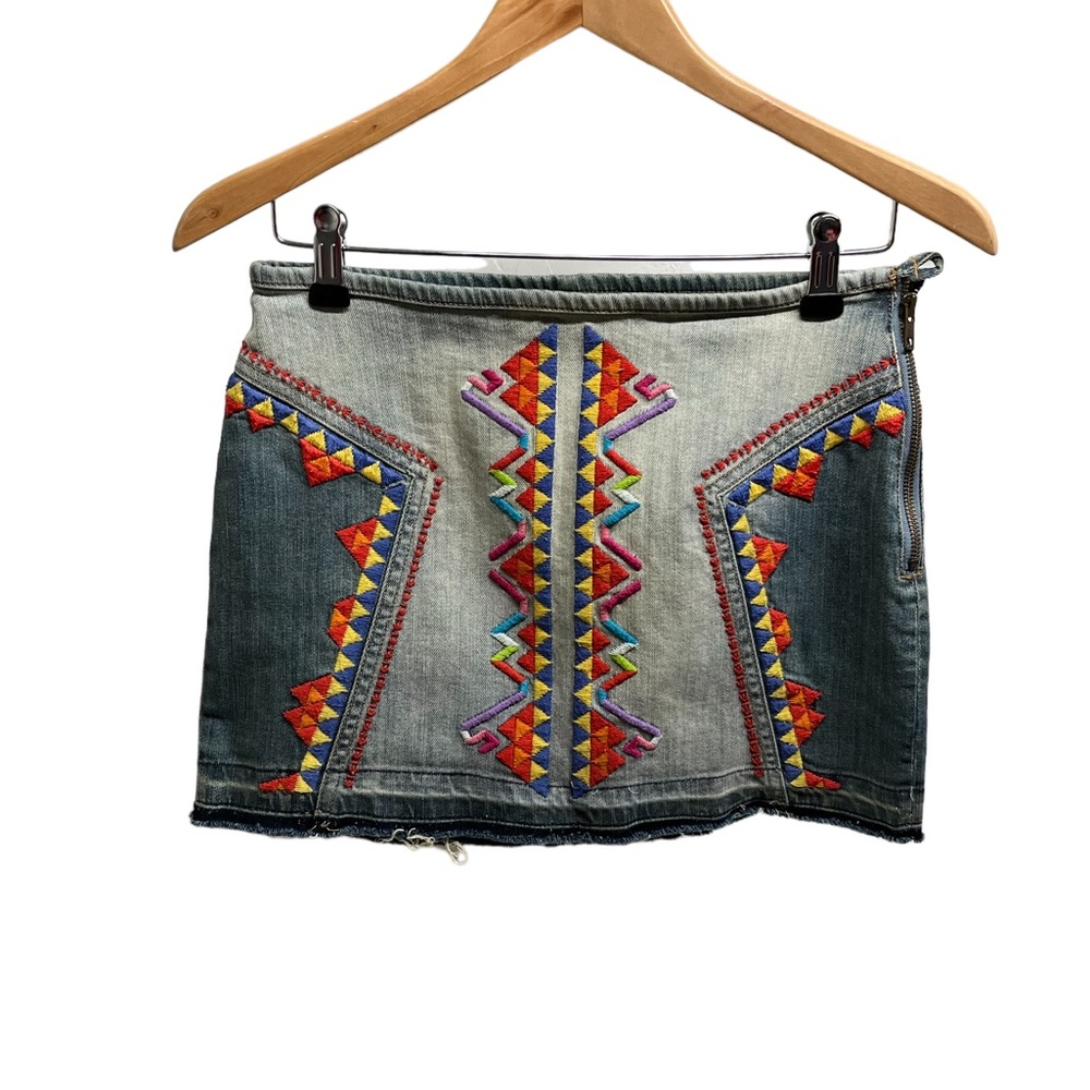 Free People Multi-colored Stitched Pattern Denim Mini Skirt